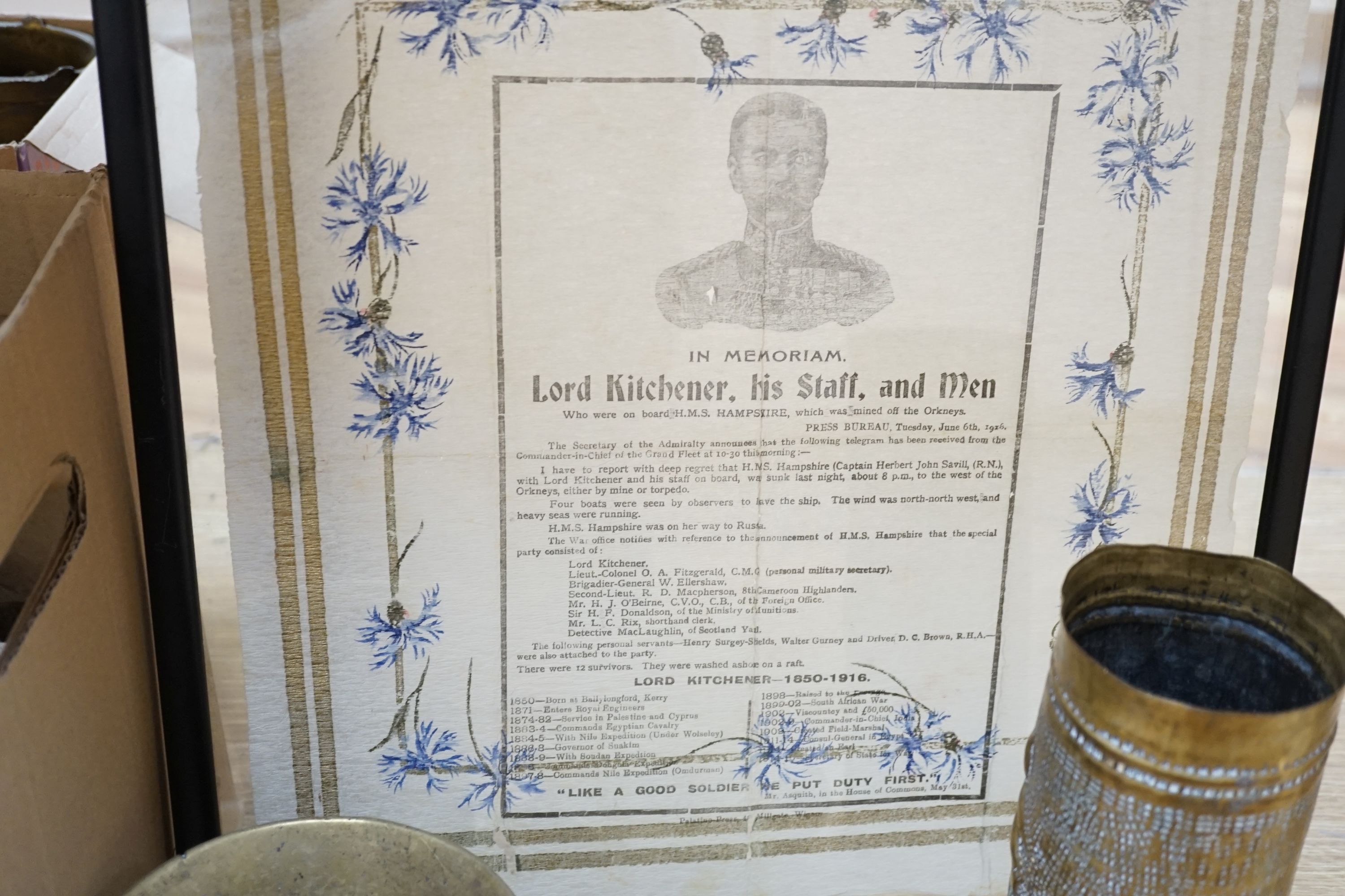 A collection of trench art, a Kitchener framed printed panel and an Egypt 1915 embroidered silk panel